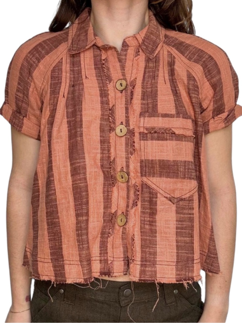 Free People We The Free "Away At Sea" Striped Button Down Linen Blend Top - XS